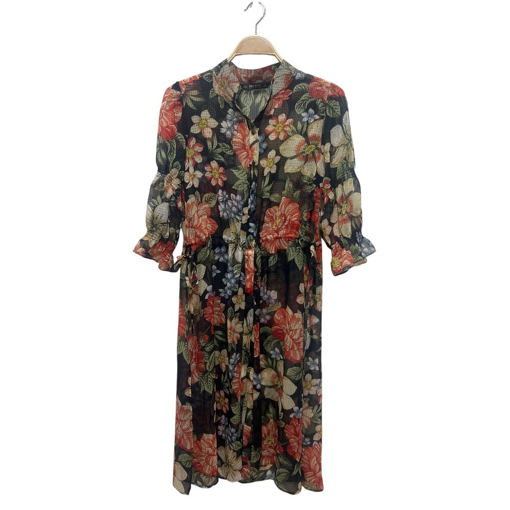 Zara Sheer Black Floral Beach Cover Pool Resort Front Side Slit Dress Small